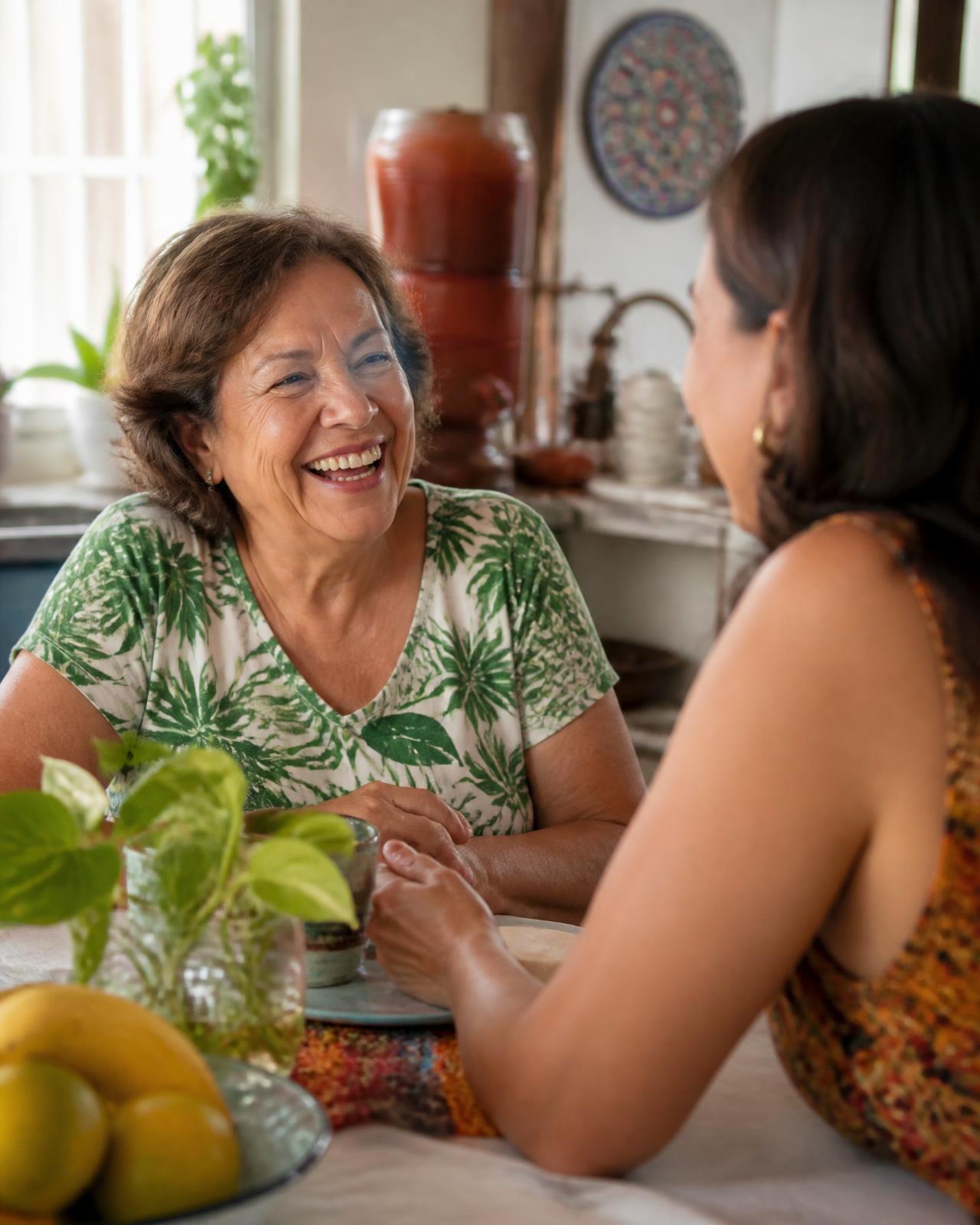 Mulher conversando e sorrindo com a filha durante um encontro em casa